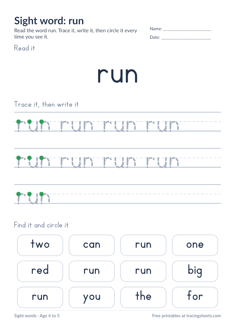 Preview of the printable sight word: run worksheet