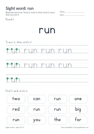 Preview of the sight word: run worksheet