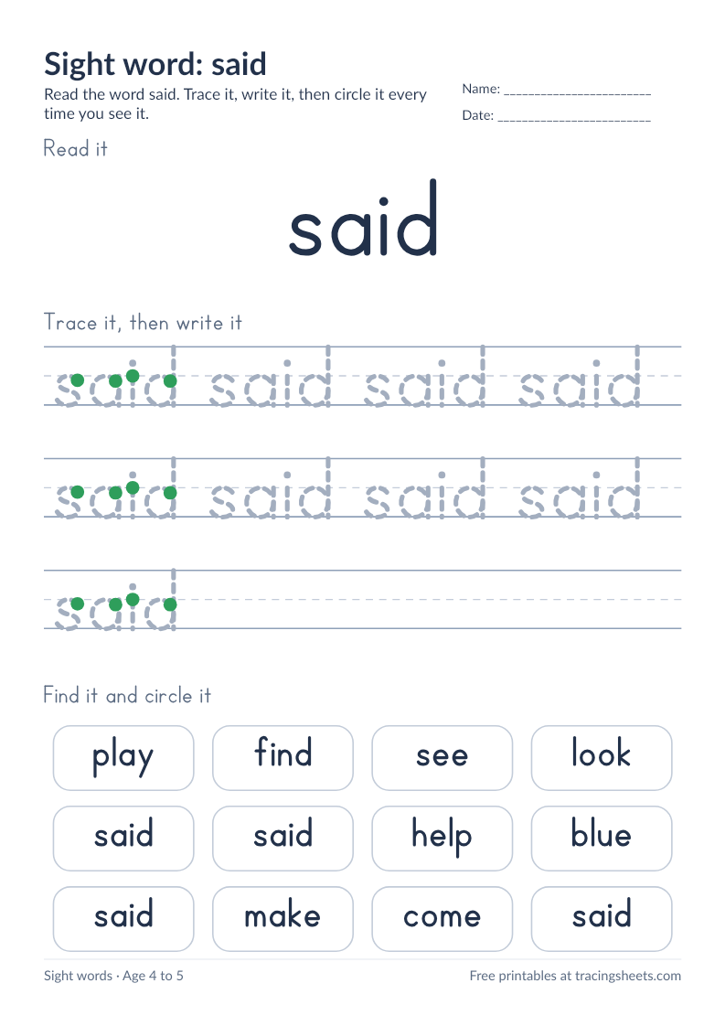Preview of the printable sight word: said worksheet