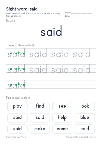 Preview of the sight word: said worksheet