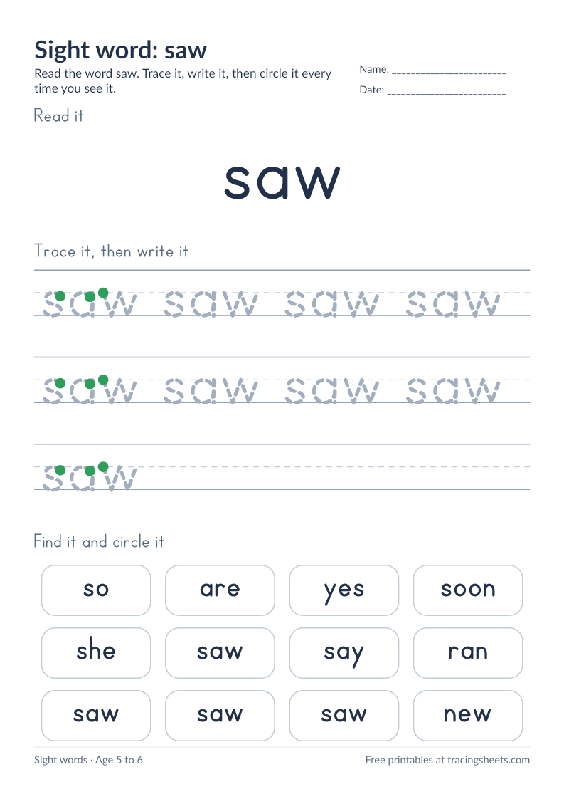 Preview of the printable sight word: saw worksheet