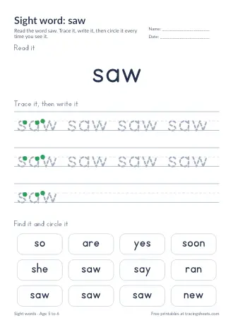 Preview of the sight word: saw worksheet