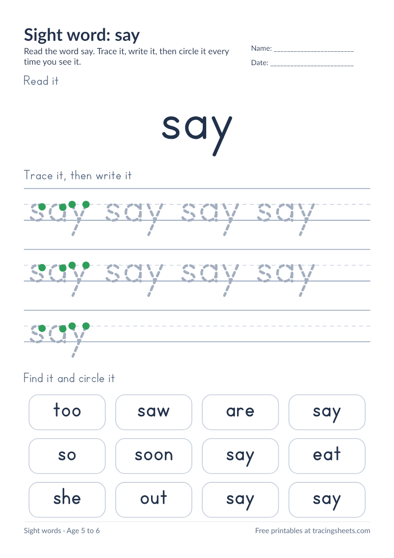 Preview of the printable sight word: say worksheet