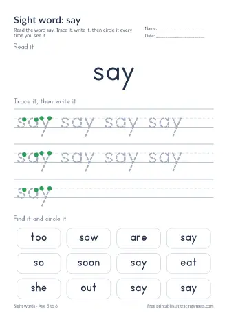 Preview of the sight word: say worksheet