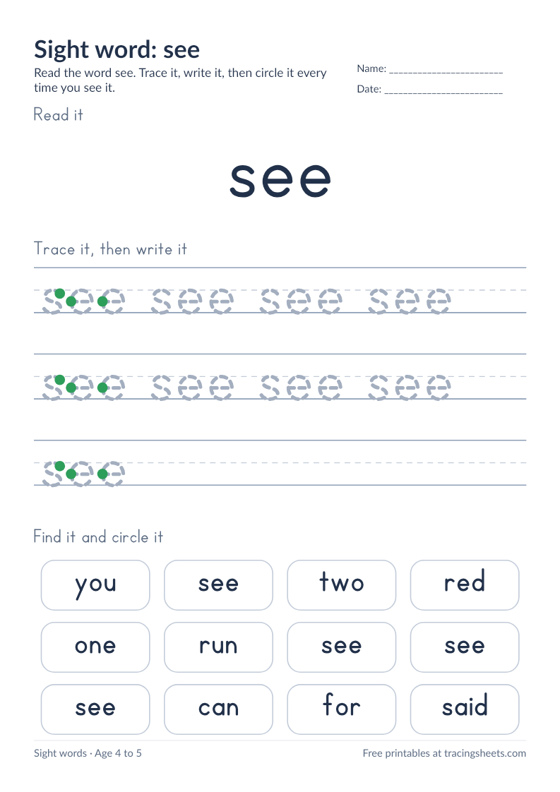 Preview of the printable sight word: see worksheet