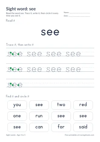 Preview of the sight word: see worksheet