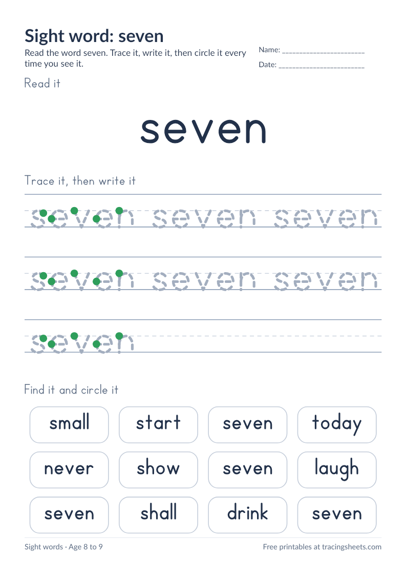 Preview of the printable sight word: seven worksheet