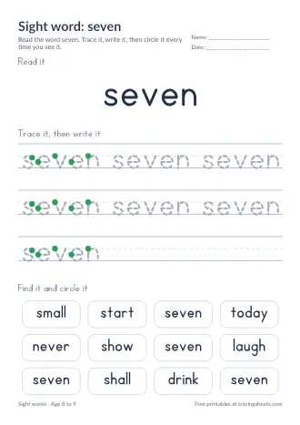Preview of the sight word: seven worksheet