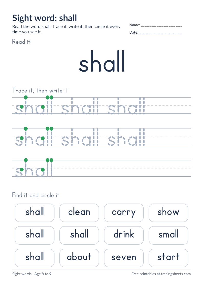 Preview of the printable sight word: shall worksheet