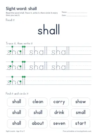 Preview of the sight word: shall worksheet