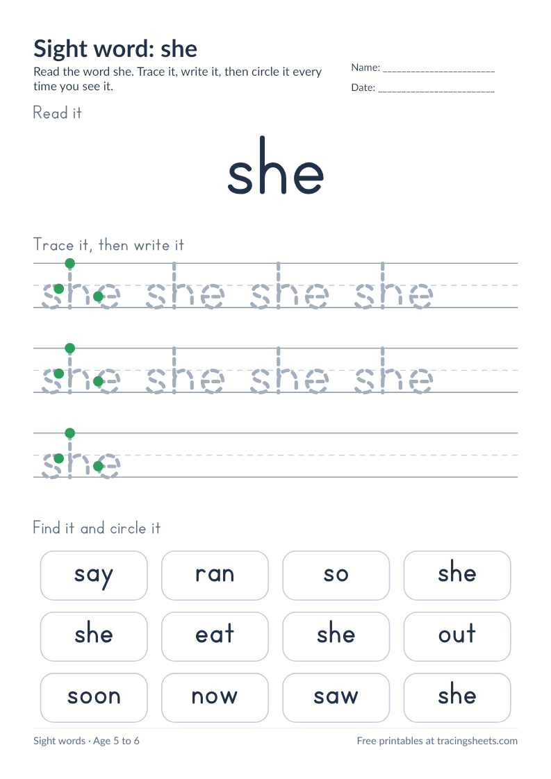 Preview of the printable sight word: she worksheet