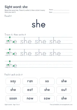 Preview of the sight word: she worksheet