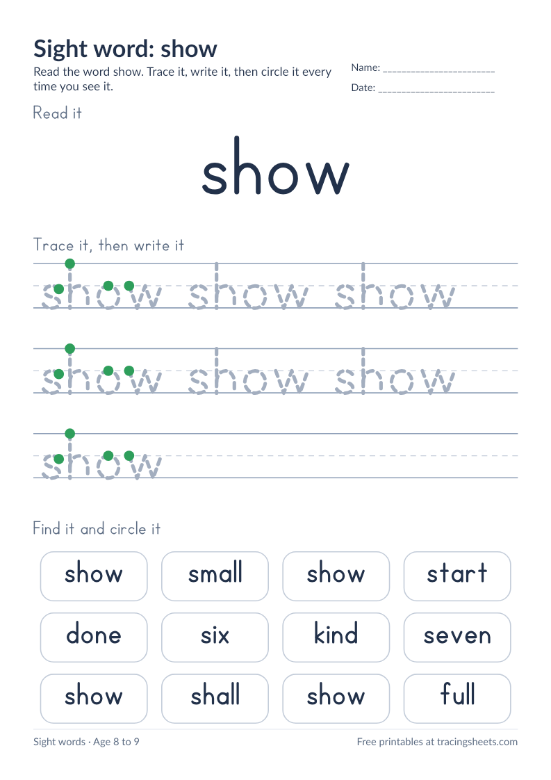 Preview of the printable sight word: show worksheet