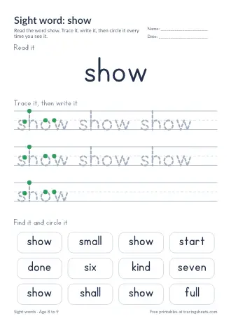 Preview of the sight word: show worksheet