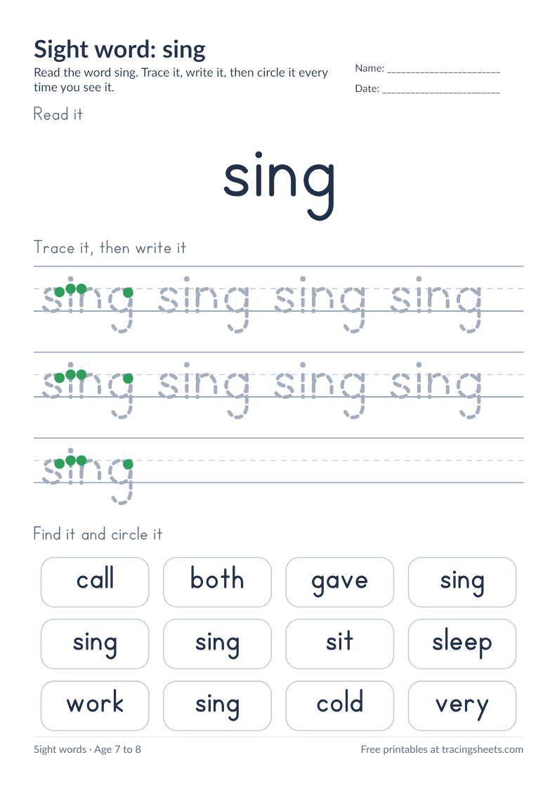 Preview of the printable sight word: sing worksheet