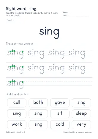 Preview of the sight word: sing worksheet