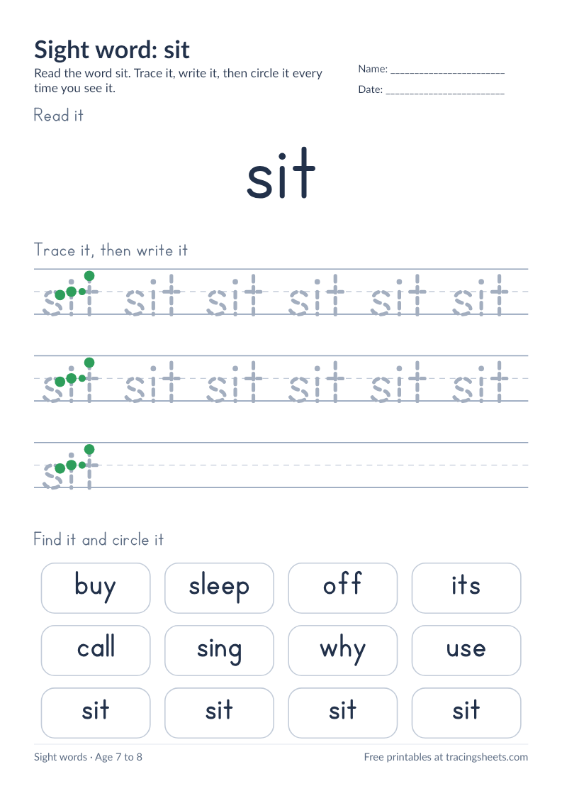 Preview of the printable sight word: sit worksheet