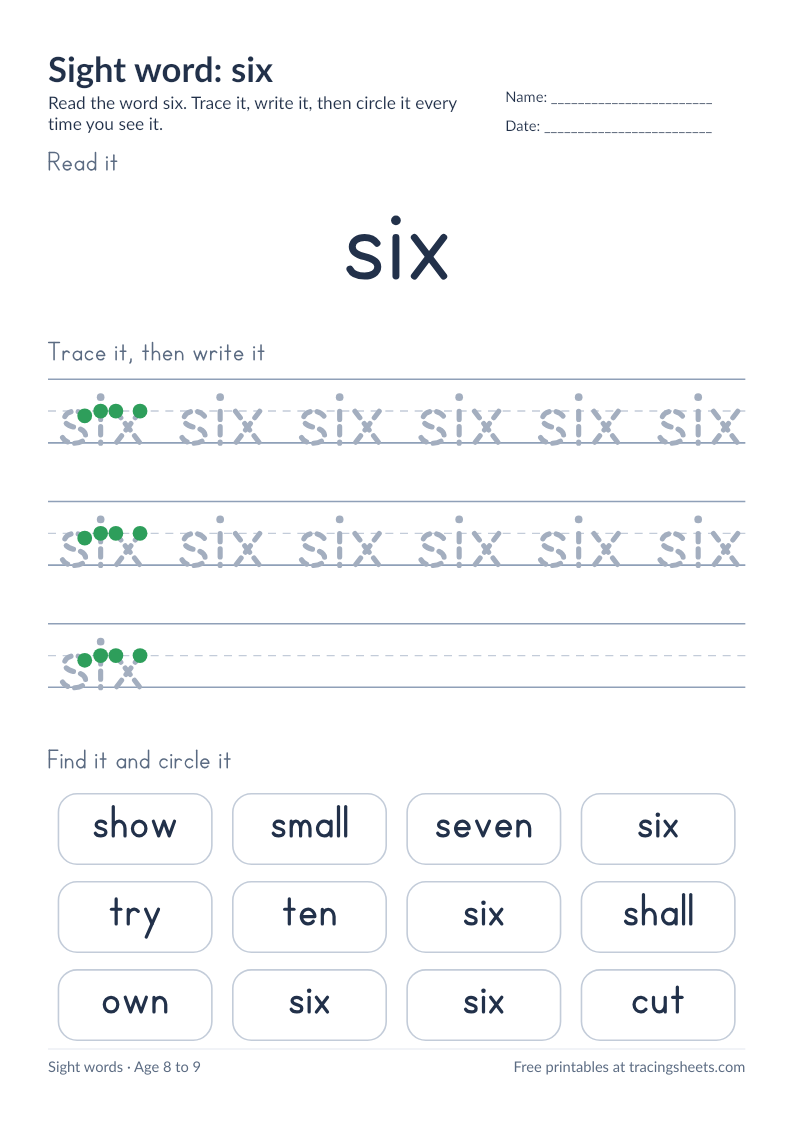 Preview of the printable sight word: six worksheet