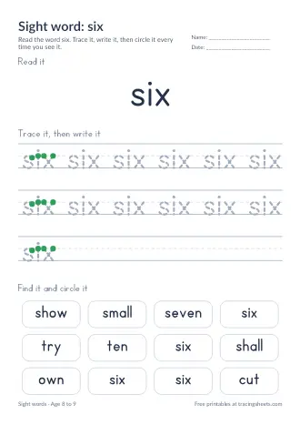 Preview of the sight word: six worksheet