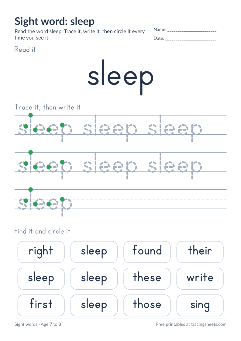 Preview of the printable sight word: sleep worksheet
