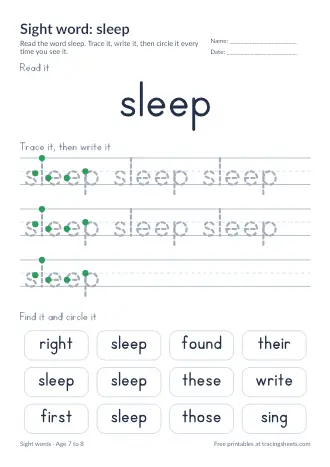 Preview of the sight word: sleep worksheet