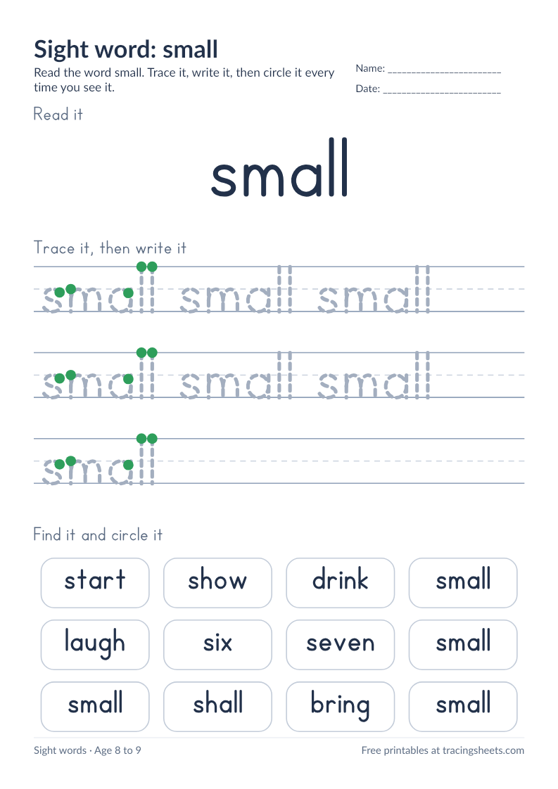 Preview of the printable sight word: small worksheet