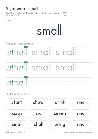 Preview of the sight word: small worksheet