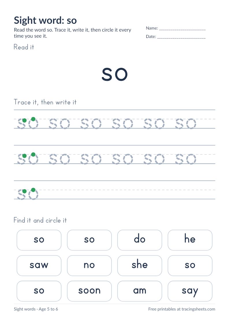 Preview of the printable sight word: so worksheet