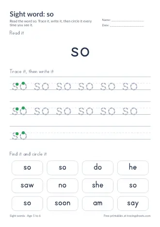 Preview of the sight word: so worksheet