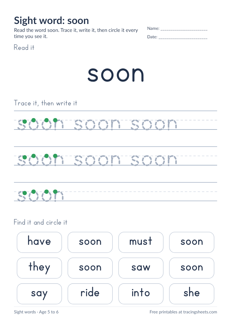 Preview of the printable sight word: soon worksheet