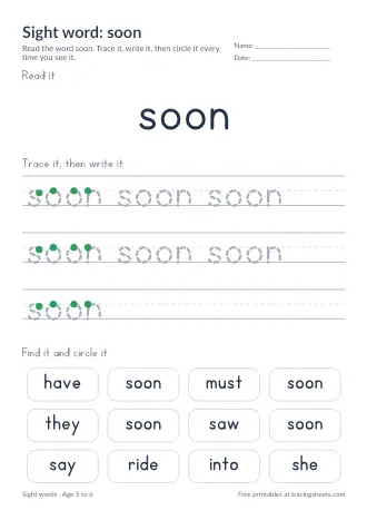 Preview of the sight word: soon worksheet