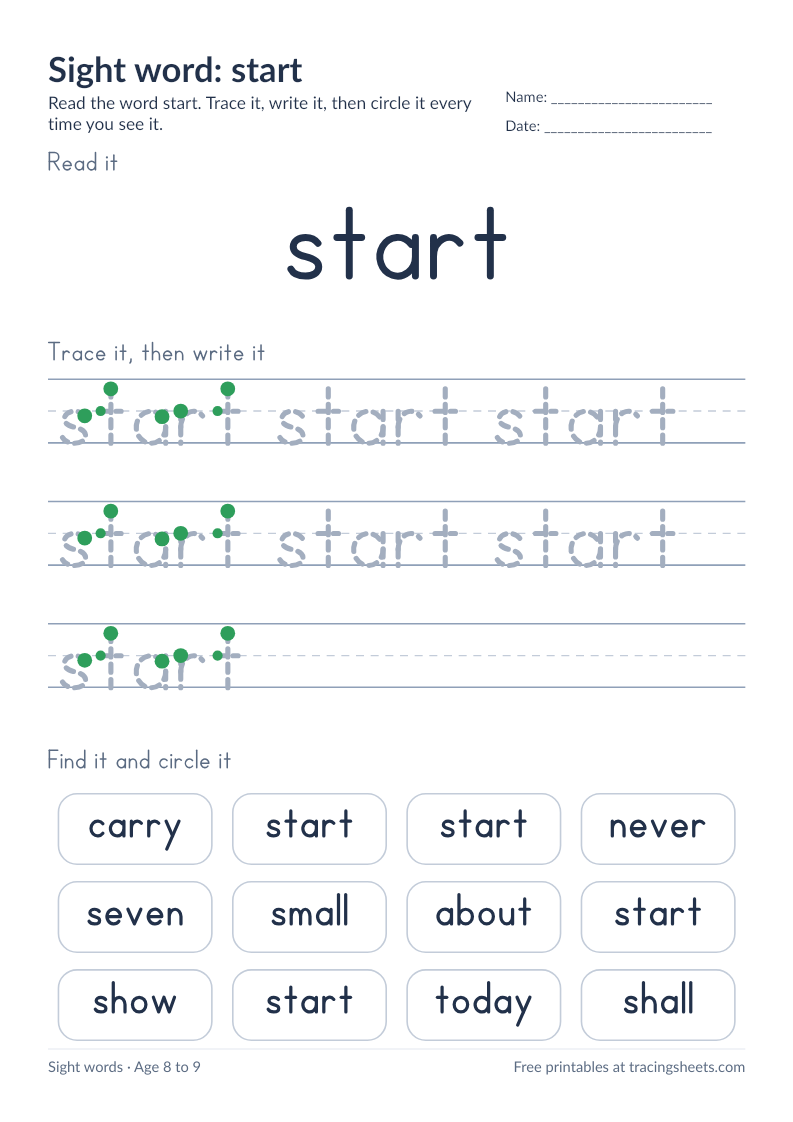 Preview of the printable sight word: start worksheet
