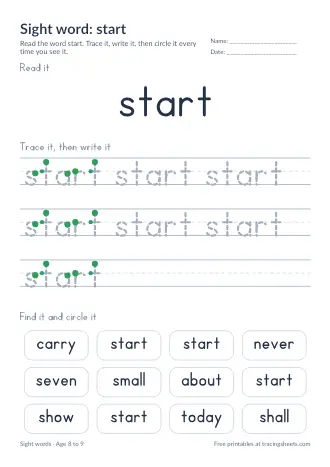 Preview of the sight word: start worksheet