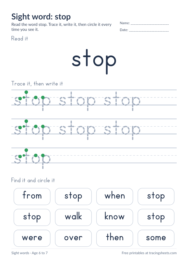 Preview of the printable sight word: stop worksheet