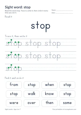 Preview of the sight word: stop worksheet