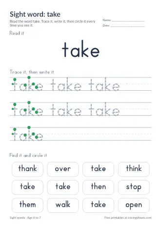 Preview of the sight word: take worksheet