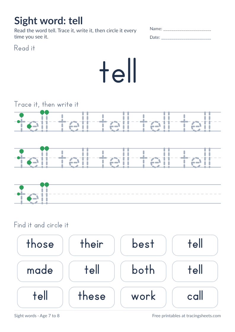 Preview of the printable sight word: tell worksheet