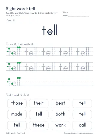 Preview of the sight word: tell worksheet