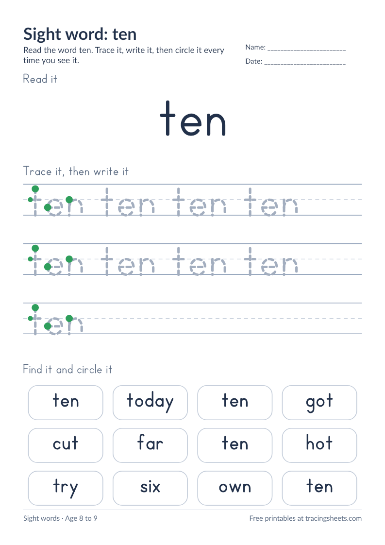Preview of the printable sight word: ten worksheet