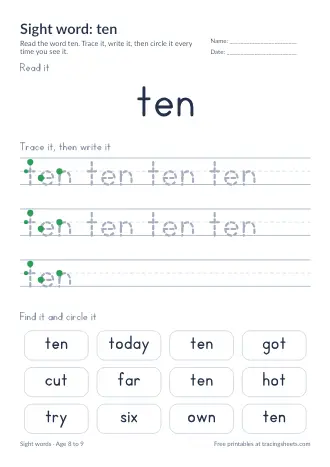 Preview of the sight word: ten worksheet