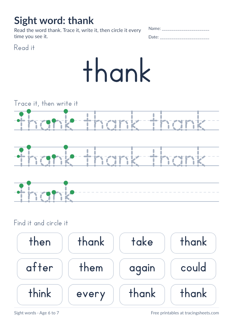 Preview of the printable sight word: thank worksheet