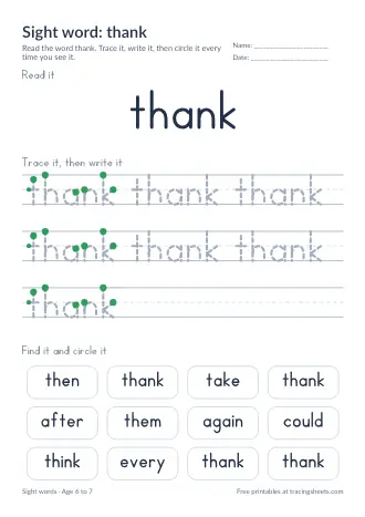 Preview of the sight word: thank worksheet