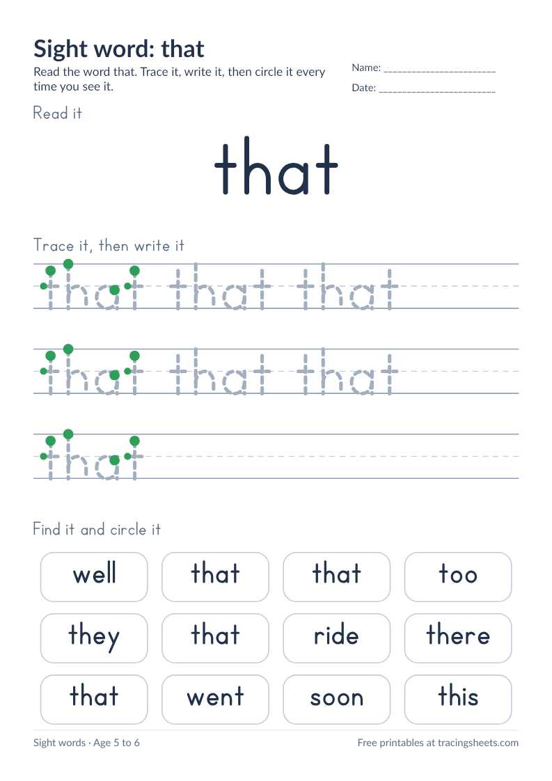 Preview of the printable sight word: that worksheet