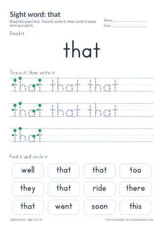 Preview of the sight word: that worksheet