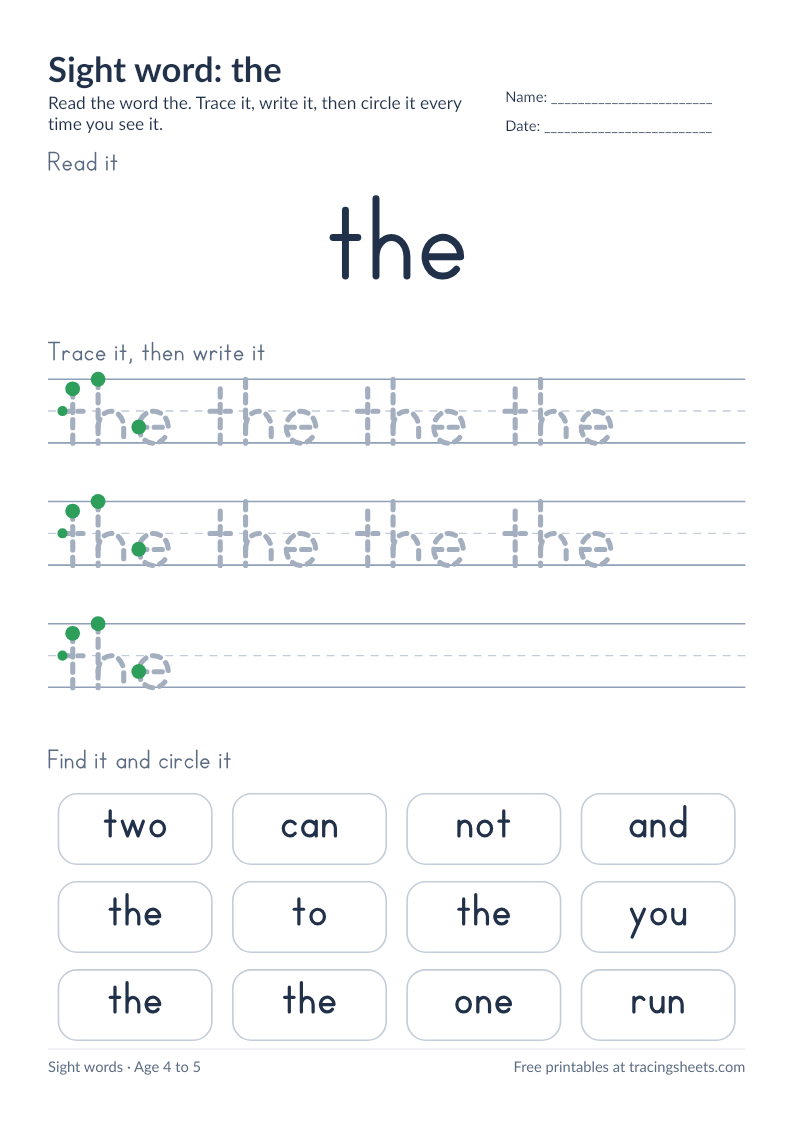 Preview of the printable sight word: the worksheet