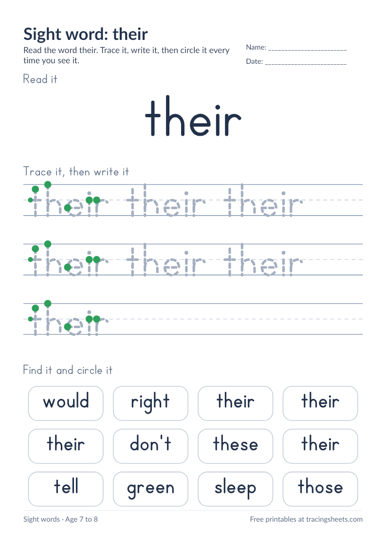 Preview of the printable sight word: their worksheet