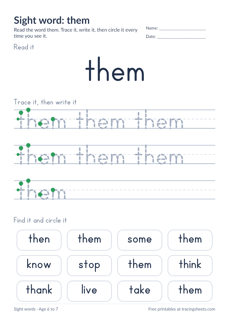 Preview of the printable sight word: them worksheet