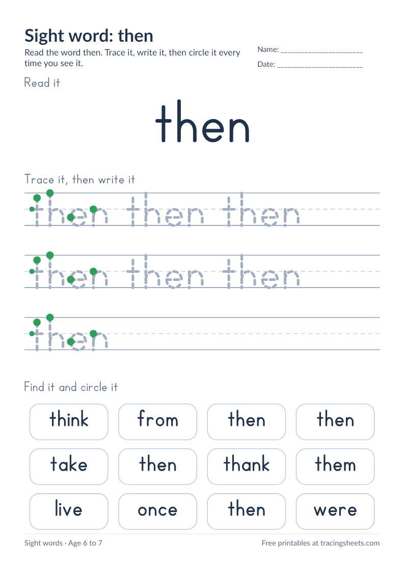 Preview of the printable sight word: then worksheet