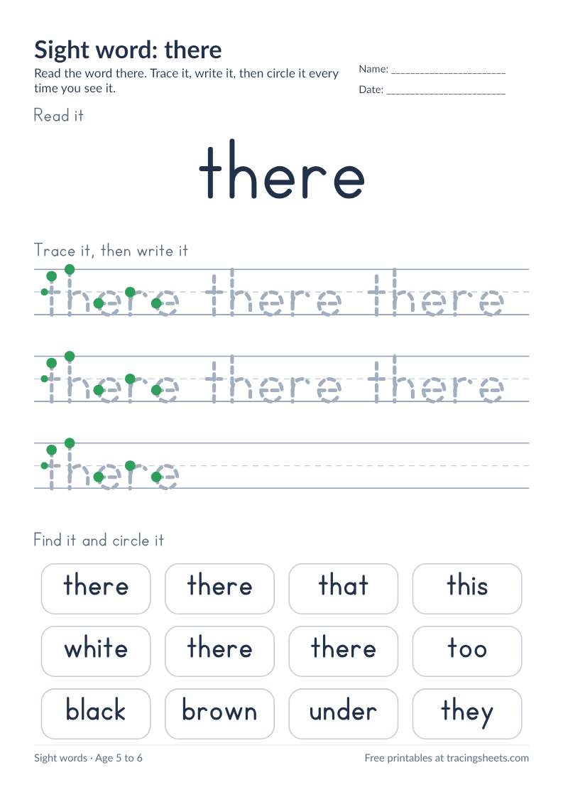 Preview of the printable sight word: there worksheet