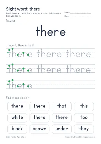 Preview of the sight word: there worksheet